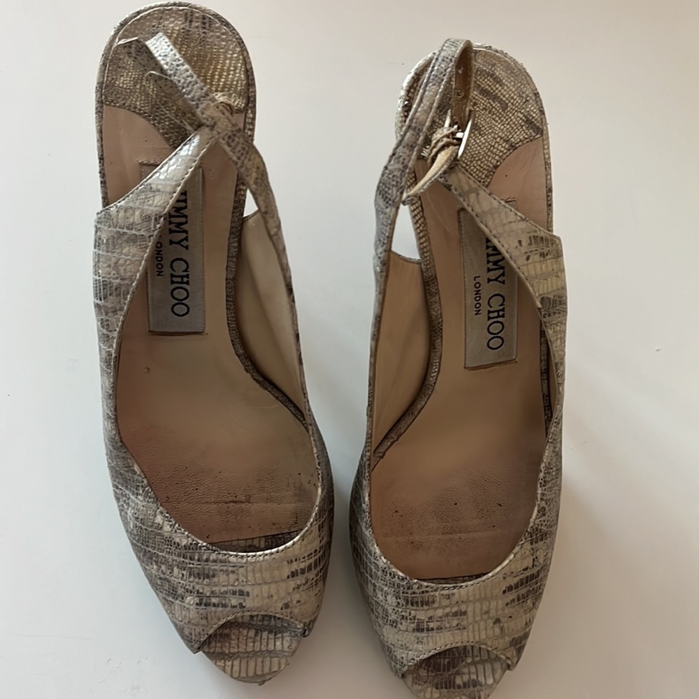 Jimmy Choo Silver Snake-Print Peep Toe Slingback Heels - Picture 2 of 6
